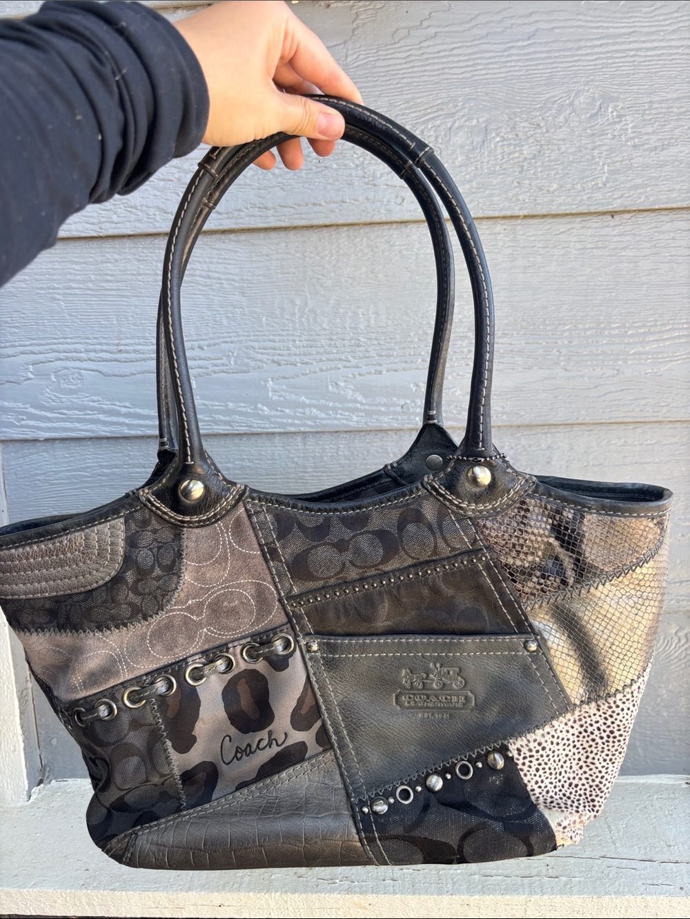 Coach Patchwork Signature Tote in Black and Gray